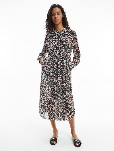 Calvin Klein Ruhák HU391613 | Calvin Klein Chiffon Printed Női Ruha Fehér / Fekete / Leopárd